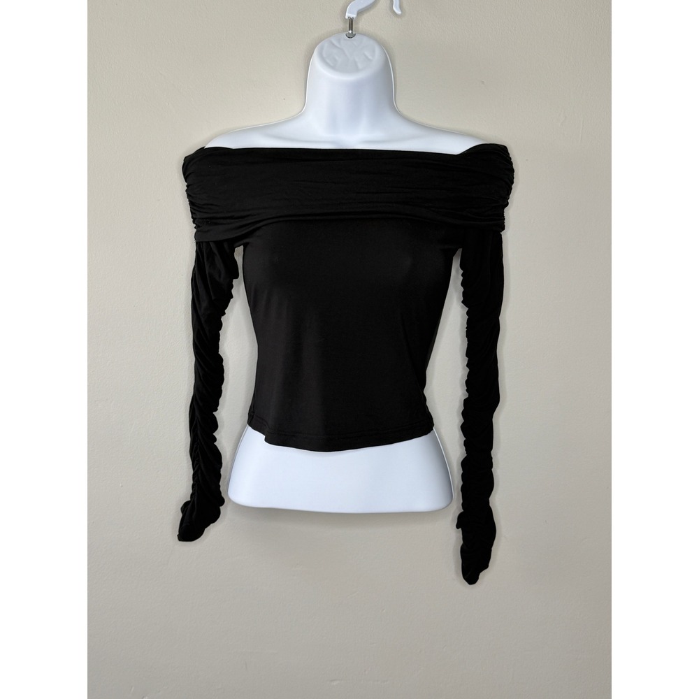 I.AM.GIA Top XS Black Off-The-Shoulder Ruched Long Sleeve Edgy Modern Party Goth